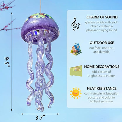 H&D HYALINE & DORA Purple Blown Glass Jellyfish Wind Chime Sea Glass Wind Chimes for Outside Jellyfish Wind Chimes Outdoor Sea Glass Decor for Patio Garden Balcony Porch(14in)