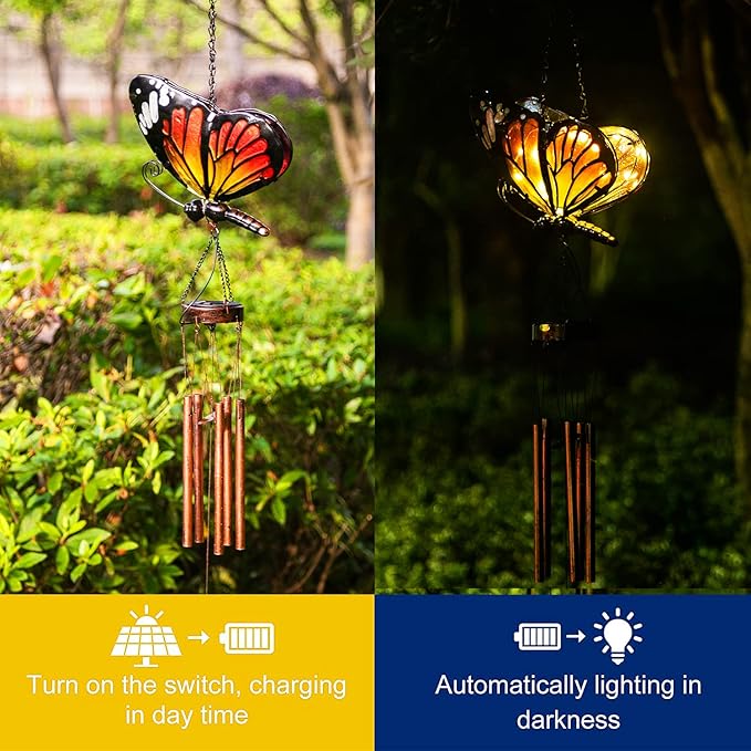 Asense Hanging Wind Chimes for Outside, Solar Powered LED Lights Butterfly Wind Chime, Outdoor Garden Lawn Yard Patio Decoration, Unique Decor Gifts