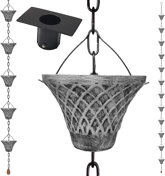 8.5FT Bell Iron Rain Chains for Gutter and Rain Barrel, Rust-Resistant Plated Garden Décor for Downspout, Bonus Rain Chain Gutter Adapter (Antique-Gray)