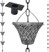 8.5FT Bell Iron Rain Chains for Gutter and Rain Barrel, Rust-Resistant Plated Garden Décor for Downspout, Bonus Rain Chain Gutter Adapter (Antique-Gray)