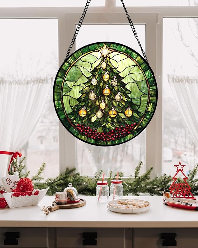 DASTOLL Stained Glass Window Hanging - Green Christmas Tree Golden Bells Suncatcher for Doors Home Christmas Decoration Sun Catcher Thanksgiving New Year Birthday Gift for Women Men Mom Nana 6.3 in