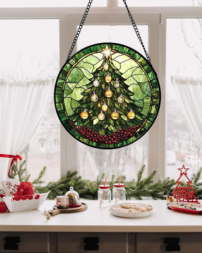 DASTOLL Stained Glass Window Hanging - Green Christmas Tree Golden Bells Suncatcher for Doors Home Christmas Decoration Sun Catcher Thanksgiving New Year Birthday Gift for Women Men Mom Nana 6.3 in