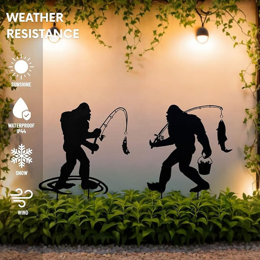 Metal Garden Art, 2-Pack Bigfoot Fishing Statues for Outdoor Decor, Unique Yard Ornaments & Lawn Sculptures, Weatherproof Gift for Garden Lovers