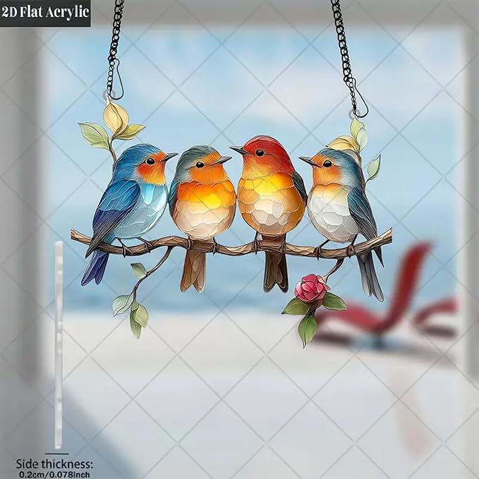 Birds On Branch Stain Glass Window Hanging Hummingbird Sun Catcher with Metal Chain, Bird Stained Art Ornament, Indoor Outdoor Window Suncatcher for Garden，Home，Housewarming Decor
