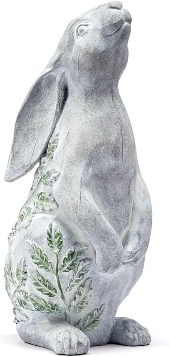 Napco Bunny Rabbit Green Fern Plant 12 x 5.5 x 5.5 inch Natural Grey Resin Stone Collectible Figurine Statue Sculpture, Indoor Outdoor Garden Décor