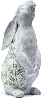 Napco Bunny Rabbit Green Fern Plant 12 x 5.5 x 5.5 inch Natural Grey Resin Stone Collectible Figurine Statue Sculpture, Indoor Outdoor Garden Décor