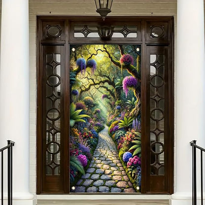 Christmas Door Cover 71x35 Inch Double Sided Outdoor Santa Deer Tree Gift Red BowStripe Welcome Decoration for Front Porch Holiday Xmas Winter Door Banner Party Home Decor