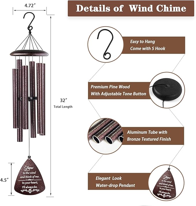 Soopau Sympathy Wind Chimes for Outside, 32'' Memorial Wind Chimes for Loss of Loved One, Memorial Gifts for Loss of Mother Father, Bereavement Gift in Memory of Loved One (Bronze)
