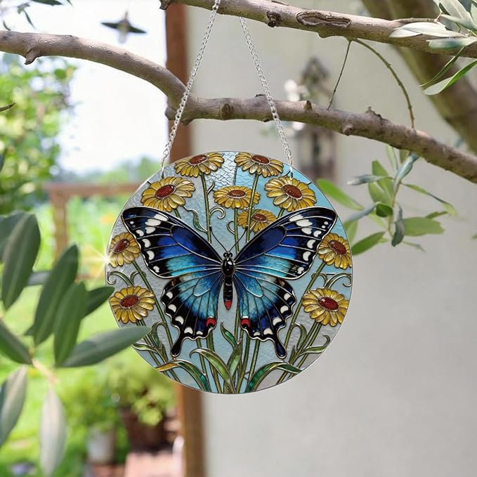 Butterfly Window Hanging Suncatcher, Yellow Flower Window Wall Art, Hand-Painted Sun Catcher Garden Hangings, Home Decor Gift for Butterfly Lovers Women Mother's Day Christmas