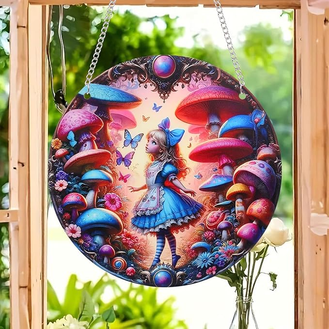 Butterfly Girl Fairy Suncatcher Acrylic Flower Mushroom Window Hanging Stained Sun Catchers Indoor Window Decor with Chain Home Garden Decoration 7.8 inch YKA188 (D)