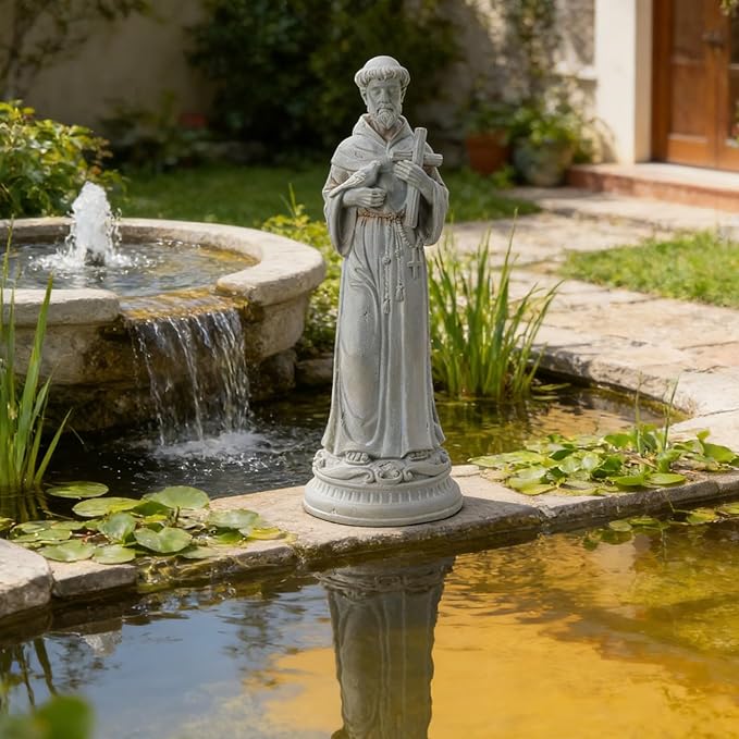 St Francis Garden Statue Outdoor - 24 in Garden Decorations Resin Standing Saint Francis with Cross Antique Finish Spiritual Gifts Religious Sculpture for Yard Lawn Farmhouse Decor Newman House Studio