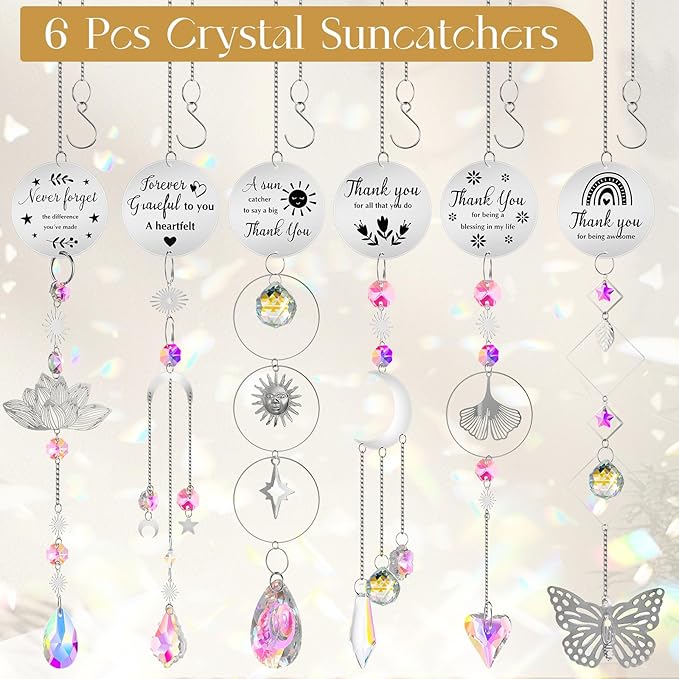Briwooody 6 Pcs Thank You Gifts for Women Crystal Suncatcher Thank You with Engraved Message Hanging Sun Catcher Ornament for Windows Friend Family Teacher Coworkers Appreciation Gratitude Gift