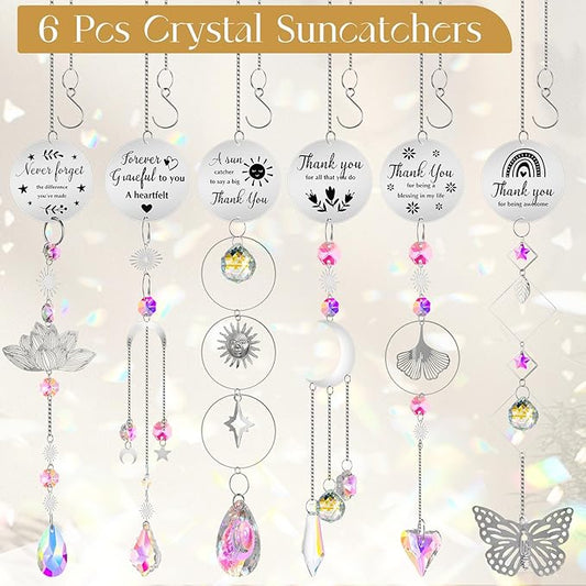 Briwooody 6 Pcs Thank You Gifts for Women Crystal Suncatcher Thank You with Engraved Message Hanging Sun Catcher Ornament for Windows Friend Family Teacher Coworkers Appreciation Gratitude Gift