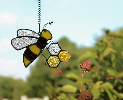 Bee On Honeycomb Stained Glass Window Hangings, Bees Suncatcher Garden Bee Decor Gift for Mom Women