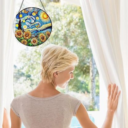 Sunflower Starry Sky Stained Glass Window Hanging,7.87inch Sun Catchers Glass Panel with Chain, Ornament for Home, Garden, Christmas, Mother’s Day, Housewarming Gifts for New Home, Festival Gift