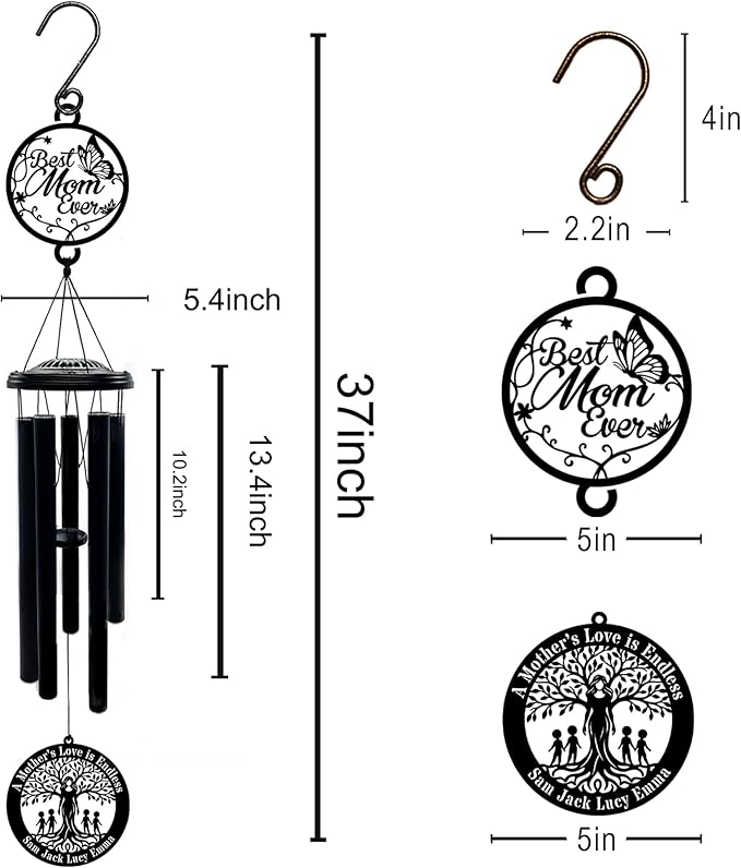 Personalized Mother’s Day Wind Chimes with Custom Metal Signs, Best Mom Ever & Tree of Life Design, Engraved Names Memorial Wind Chime Gift for Mom, Outdoor Garden Patio Sympathy Decor