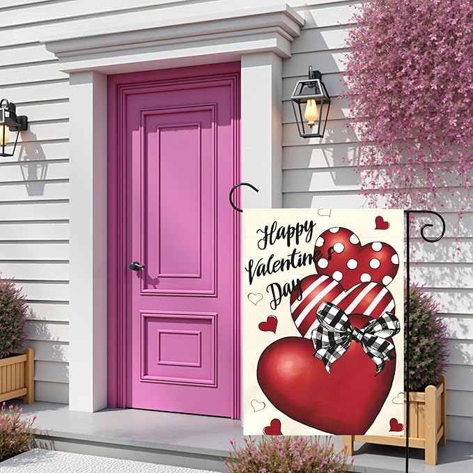 Valentines Day Garden Flag 12x18 Double Sided Happy Valentine’s Day Yard Banner with Red Hearts Polka Dot & Striped Love Heart Buffalo Plaid Bow Romantic Outdoor Decor for Porch Lawn Patio