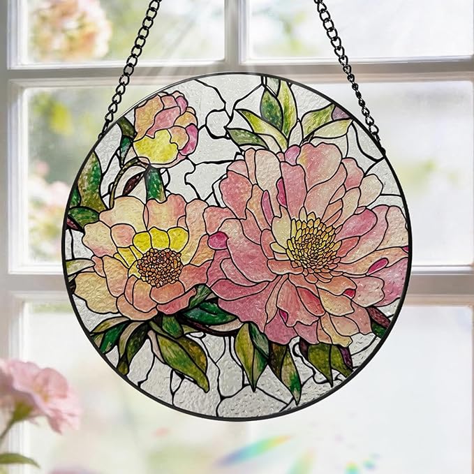 Stained Glass Window Hanging, 8 Inch Peony Suncatcher, Floral Sun Catchers Indoor Window, Pink Flower Suncatchers for Windows Spring Home Garden Decor Panel, Mothers Day Birthday Gifts for Mom Grandma