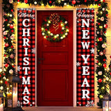 Ivenf Merry Christmas & Happy New Year Decorations, Red Black Buffalo Plaid Banner, 2 Pcs Front Porch Sign Set, Indoor Outdoor Yard Wall Home Decor
