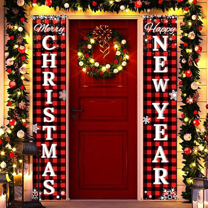 Ivenf Merry Christmas & Happy New Year Decorations, Red Black Buffalo Plaid Banner, 2 Pcs Front Porch Sign Set, Indoor Outdoor Yard Wall Home Decor