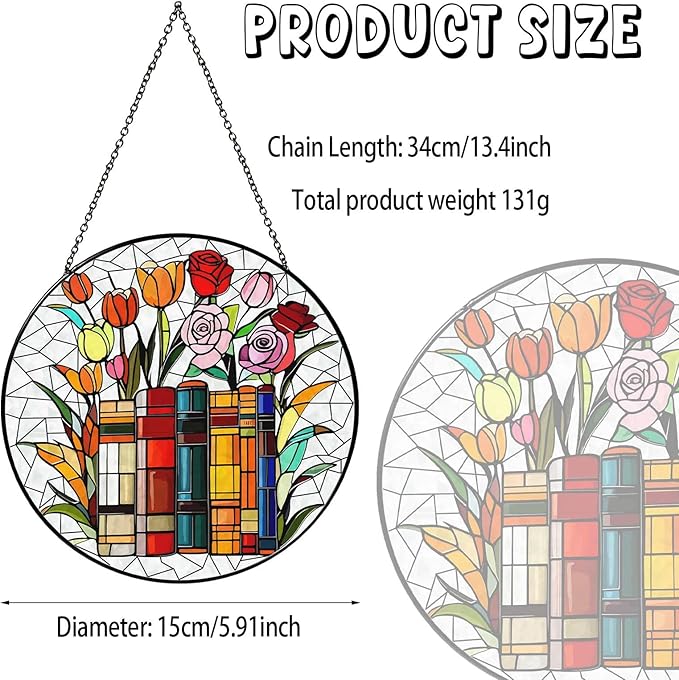 Flower Book Stained Glass Window Hanging 6'' Sun Catcher Book Club Lover Gifts for Women Reading Room Decor Handmade SunCatcher Decoration for Garden Home Bookish Library Decor