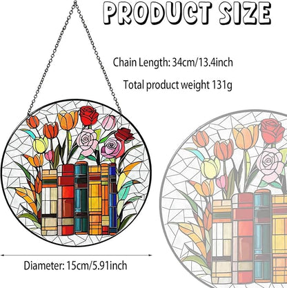 Flower Book Stained Glass Window Hanging 6'' Sun Catcher Book Club Lover Gifts for Women Reading Room Decor Handmade SunCatcher Decoration for Garden Home Bookish Library Decor