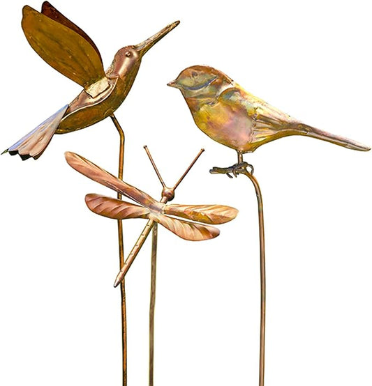BestNest Ancient Graffiti Flamed Copper Garden Stakes, Set of 3 Metal Outdoor Yard Ornaments with Songbird, Dragonfly & Hummingbird Toppers, Decorative Staked Garden Art