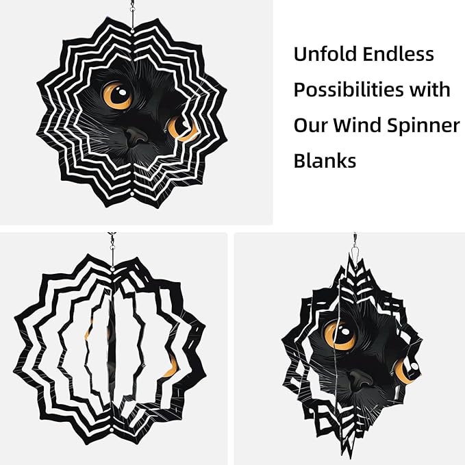 8 Inch Sublimation Wind Spinner, 3D Aluminum Metal Wind Spinner with Hook, Indoor Yard Garden Hanging Decoration, Weather Resistant Rotating Spiral Ornament, Black Cat's Eyes