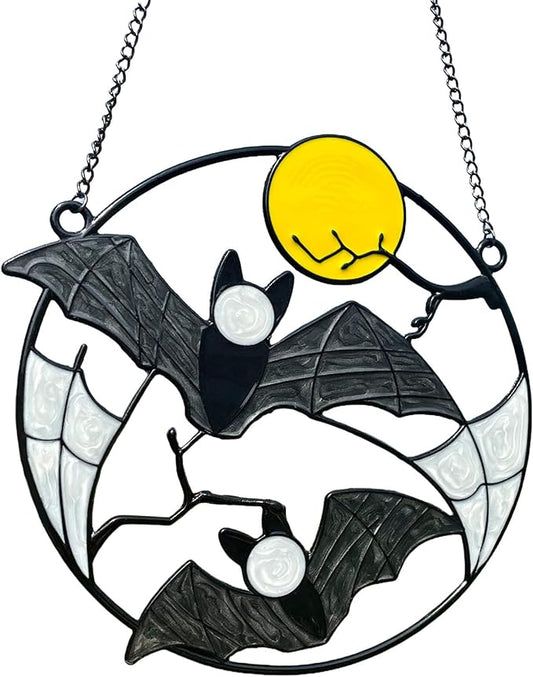 Stained Enamel and Metal Bat Moon Suncatcher Window Panel Wall Hanging Ornaments Halloween Horror Home Decorations