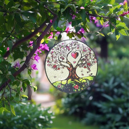 Stained Glass Suncatcher Window Hanging – Pink Tree of Life with Heart, Sun Catcher Window Decor, Meaningful Gift for Mom, Grandma, Nana, Birthday & Mother’s Day