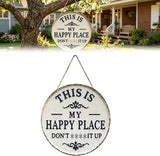 Happy Place – Vintage Statement Metal Sign Round Rustic Wall Decor Funny Garden Sign “This Is My Happy Place Please Respect The Vibe” Metal Hanging Plaque for Front Door Home Office Kitchen (1PCS, 8 * 8in)