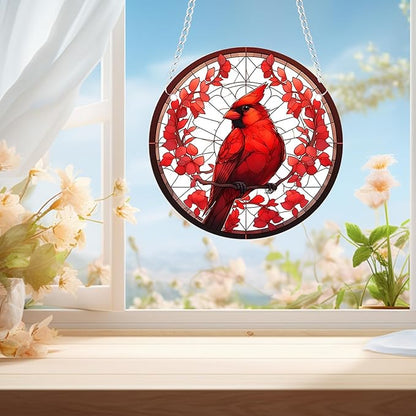 1 pcs 5.9'' Acrylic Window Hanging Cardinal Suncatcher Decor,Red Bird Suncatcher Panel Outdoor Wall Art Stained Panel Hangings Gift for Home Garden Ornament for Birds Lover (Style B)