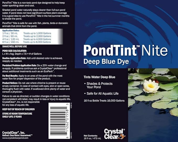 CrystalClear PondTint Colorant for Outdoor Water Garden & Freshwater Koi Fish Ponds, Tint, Color & Shade Natural Crystal Clear Water, Nite Blue Pond Dye