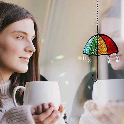 BOXCASA Umbrella Decor Suncatchers for Windows,Stained Glass Suncatchers Crystals Rainbow Umbrella,Stained Glass Window Crystal Beads Decor for Home,Living Room Bedroom Kitchen