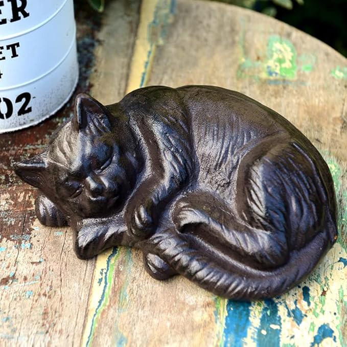 Cast Iron Sleeping Cat Statue Figurine Animal Decor,Heavy Duty Decoration Ornaments for Home Garden,Black