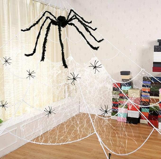 Halloween Spider Web Decoration 16ft + Giant Spider 35" Black + Stretchy Dense Spider Silk Rope and 2 Small Spiders Triangular Huge Spider Web for Indoor/Outdoor