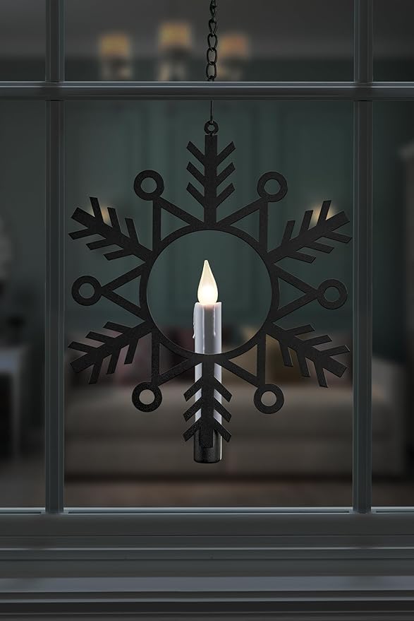 CW1510A Battery Powered 12 Inch Metal Snowflake Window Wreath with Hot Spot Flickering Flameless Candle Light and Automatic Timer,