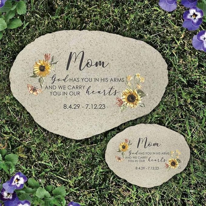 GiftsForYouNow Sunflowers Personalized Memorial Garden Stone, Flat UV Resin Stone, Measures 6" W x 4.5" H, God Has You in His Arms, Loss of Mother, Bereavement Gift