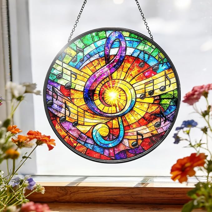 Music Note Stained Glass Window Hanging - Round Musical Suncatcher with Chain, Colorful Glass Ornament for Music Studio Home Garden Decor Gift, 8 Inch