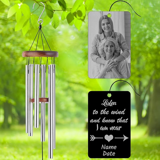 Personalized Custom Wind Chimes Memorial Engraved Gifts for Loss of Loved One Mother Dad Mom Dog Pet Customized Outdoor Sympathy Wind Chimes with Photo Text
