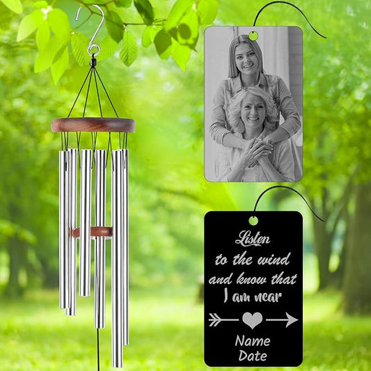 Personalized Custom Wind Chimes Memorial Engraved Gifts for Loss of Loved One Mother Dad Mom Dog Pet Customized Outdoor Sympathy Wind Chimes with Photo Text
