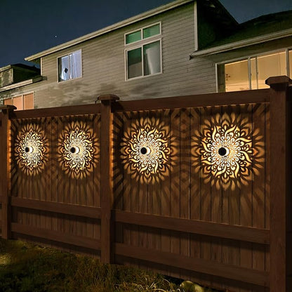 gardencave 4 Pack Solar Fence Lights Metal Solar Powered Outdoor Wall Deck Step Lights Mandala Theme Waterproof Fence Light for Garden Post Patio Backyard Decor (4 Pack)