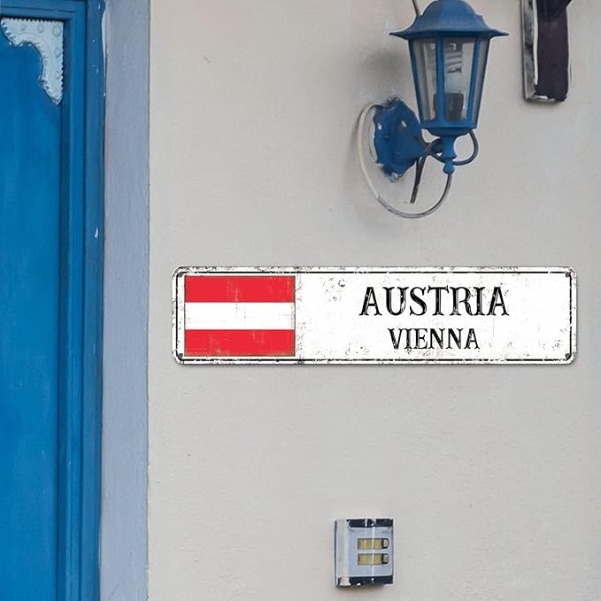 Personalized Austria Street Sign Austria Flag Metal Sign Capital City of Austria Metal Sign Road Rustic Wall Art Country City Indoor & Outdoor Decor for Home Man Cave Door Porch Garden Party 24x6in