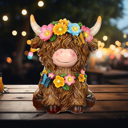 Colingmill Highland Cow Resin Figurine Highland Cow Statue Christmas Outdoor Decor with Flower for Patio, Yard, Gift for Mom, Calf Gnome Herd Lovers (Classic)