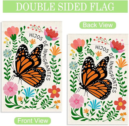 Hijos De Inmigrantes Garden Flag, 12 x 18 Inch Double Sided Political Yard Sign, Funny Monarch Butterfly Decor Flag for Outside Garden Yard, Immigrant Pride Gifts for Social Justice Supporter