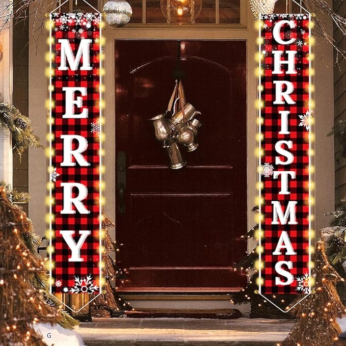 Ivenf Christmas Decorations Outdoor Yard, Outside Front Porch Sign Set with Lights, Red Black Buffalo Plaid Xmas Door Decorations, Hanging Banner for Home Decor Wall Front Door Yard Garage
