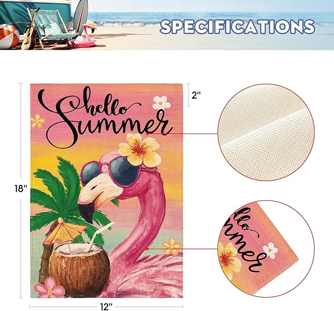 AVOIN colorlife Hello Summer Flamingo Garden Flag 12x18 Inch Double Sided Outside, Coastal Seasonal Yard Outdoor Flag
