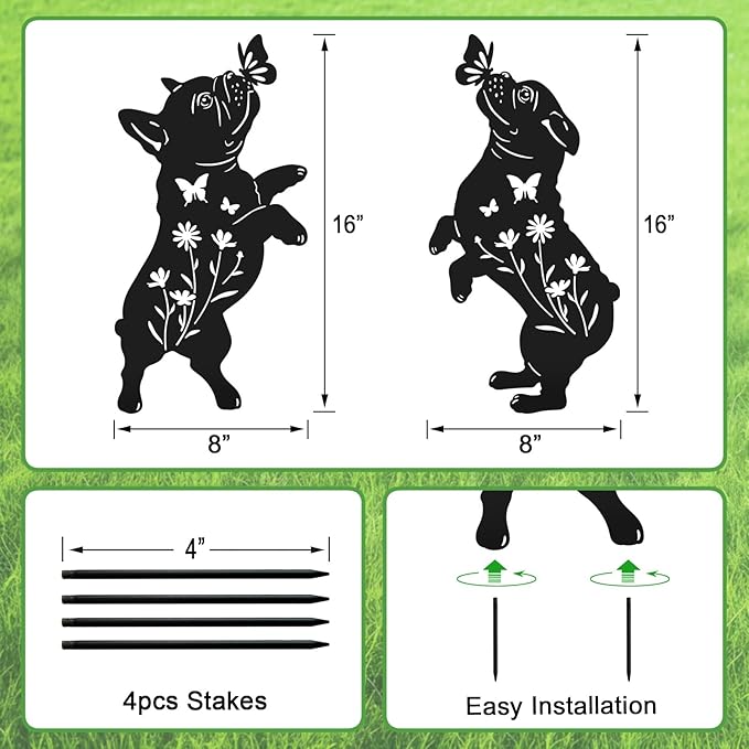Metal French Bulldog Garden Decor for Outside,Black Dog Silhouette Decorative Yard Art for Outdoor Stakes,Lawn,Pathway,Gifts for Dog Lovers