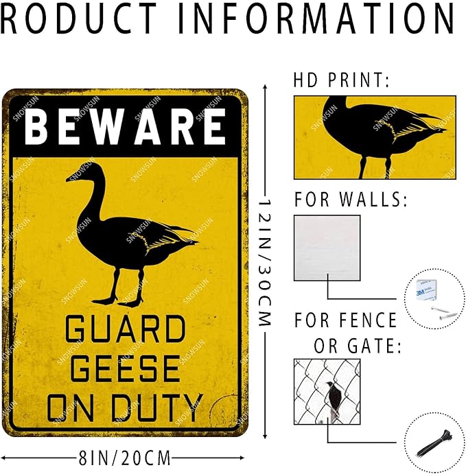snowsun Beware Guard Geese on Duty Funny Metal Signs Vintage Tin Sign for Home Yard Farm Street Fence Wall Decoration 8×12 Inches