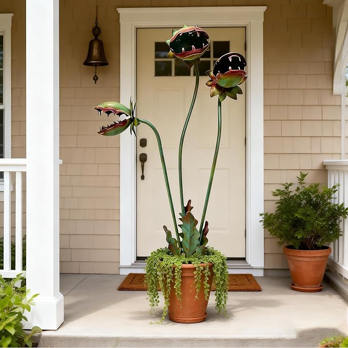 Metal Carnivorous Plant Garden Stake, 25-Inch Large Funny Outdoor Yard Decor, Carnivorous Plant Garden Stake, for Lawn Garden Patio Halloween Gothic Yard Decoration (A)